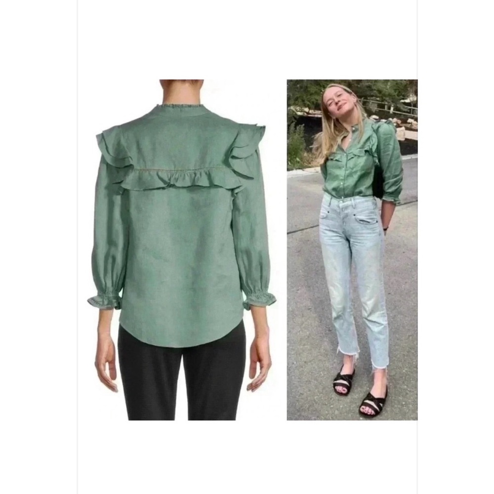 Veronica Beard Ruffled Button-Front Green Blouse - Picture 2 of 7